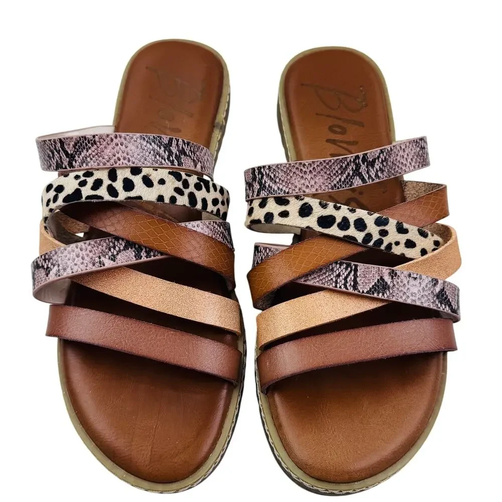 Blowfish Malibu Orrah Leather Mixed Animal Print Slide On Sandals Women's Size 8